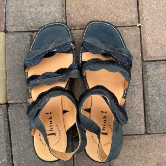 Think! Leather Black Velcro Strappy Comfort Sandals Size 39 - Picture 4 of 9